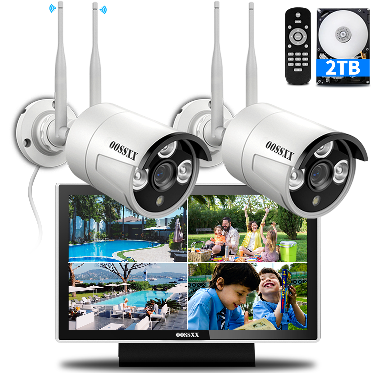 (All-in-One Monitor) 2-Antennas Enchance Outdoor Security Camera System Wireless with Monitor WiFi Home Surveillance System 3.0MP Video Surveillance (Enjoy $10 Off Instantly)