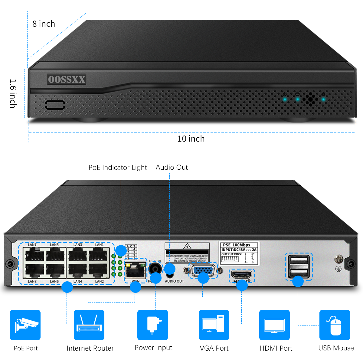 8,0/4K Megapixel 8-Kanal POE NVR Netzwerk-Videorecorder, unterstützt bis zu 8 x 8MP/4K IP-Kameras, max. 8 TB Festplatte (HDD nicht im Lieferumfang enthalten)