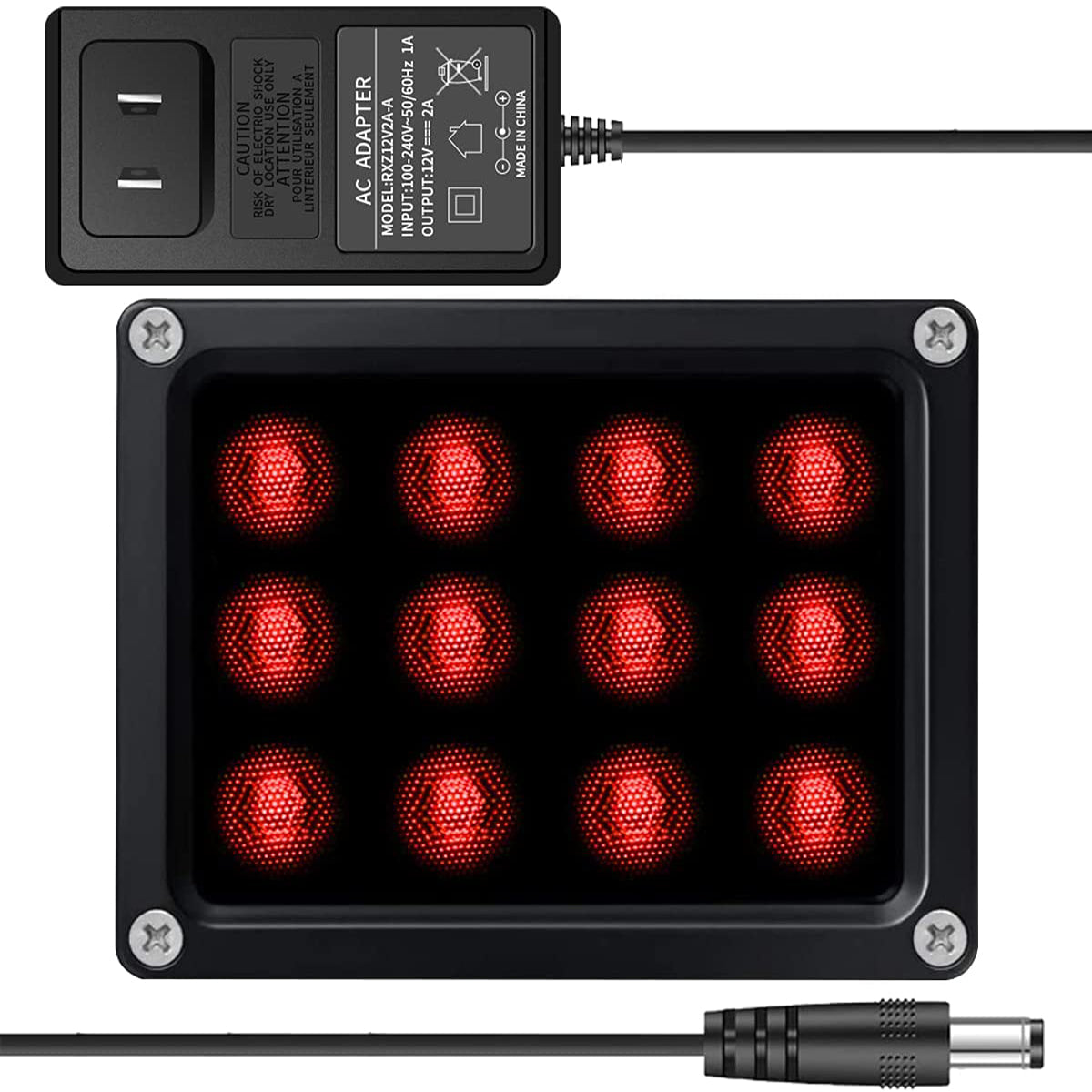 IR-Strahler, 850 nm 12-LED-IR-Strahler, IR-Lichter für Überwachungskameras, 10 Fuß 12 V 2 A Stromversorgung, OOSSXX Infrarotlicht mit großer Reichweite