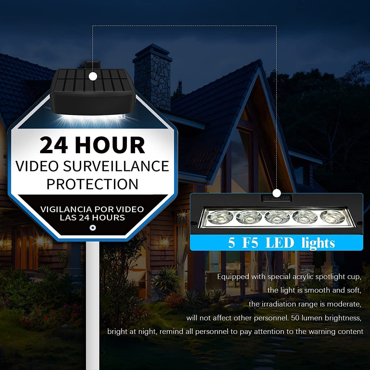 OOSSXX (Set of 2) Solar Power Deck LED Light Clip-On Yard Security Sign Spotlight (Large Capacity Battery, Max14 Hours Working)