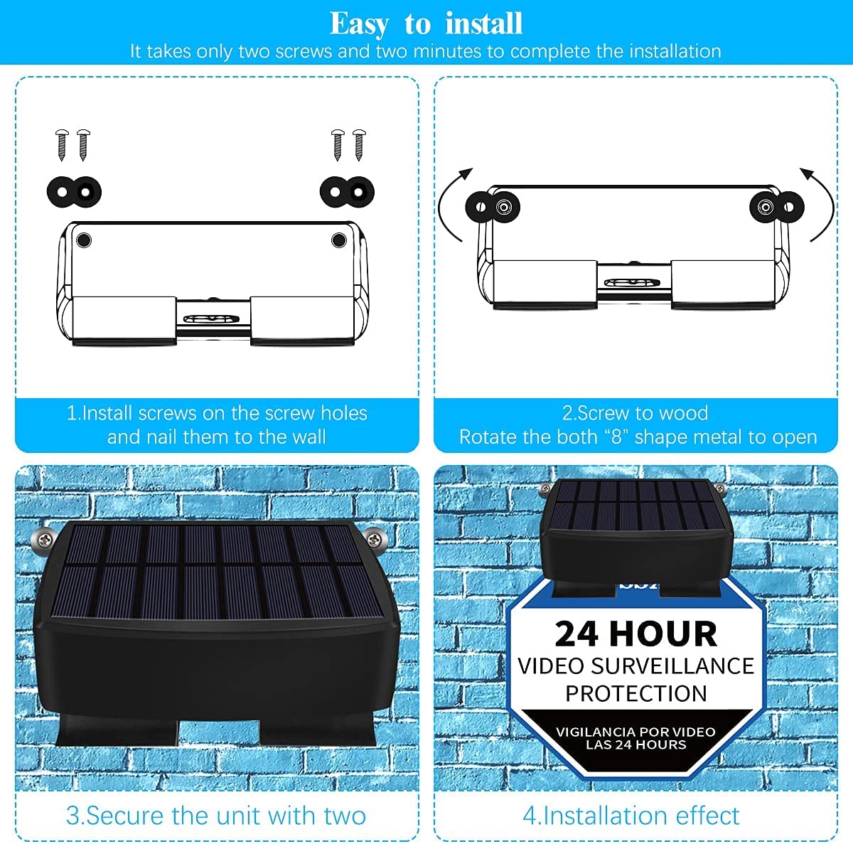 OOSSXX (Set of 2) Solar Power Deck LED Light Clip-On Yard Security Sign Spotlight (Large Capacity Battery, Max14 Hours Working)