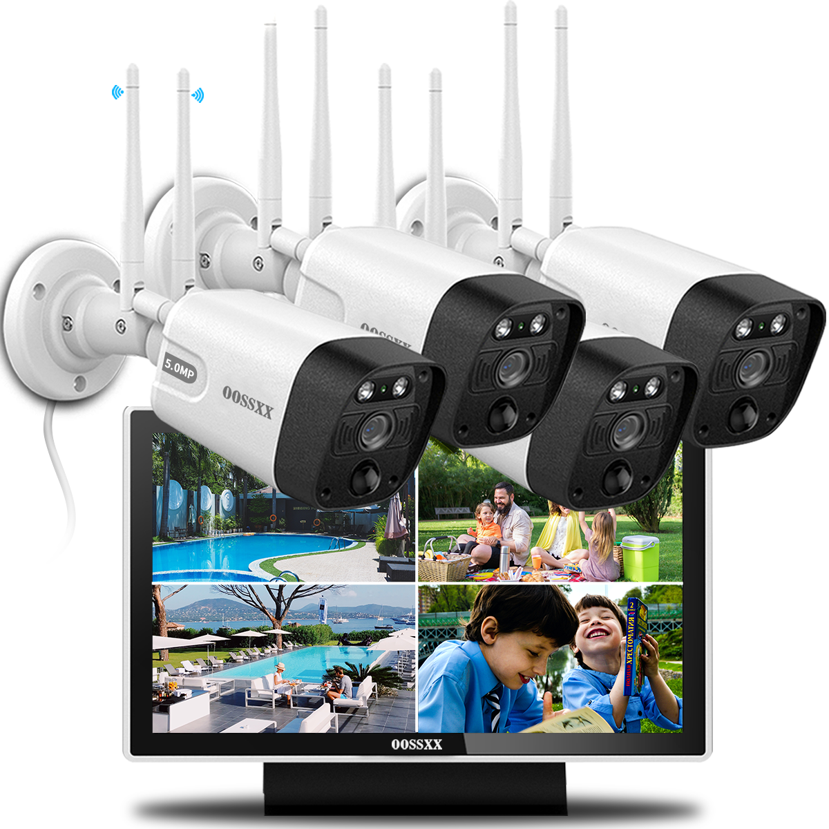 (All-in-One 5,0 MP PIR-Erkennung) 2-Wege-Audio-Doppelantennen-Sicherheitskamerasystem für den Außenbereich, kabellos mit Monitor, WiFi-Sicherheitssystem für zu Hause, 3K 5,0 MP Videoüberwachung