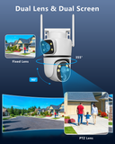 Cargar imagen en el visor de la galería, OOSSXX (Cámaras de seguridad solares inalámbricas para exteriores, audio bidireccional y 100 % sin cables, PTZ de doble lente de 2,5 K, 2,4 G/5 G, WiFi, batería solar, versión nocturna a color, seguimiento automático)