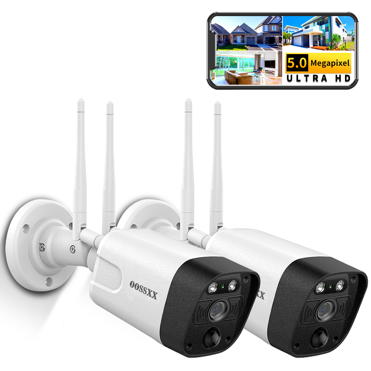OOSSXX (2 Pack)5.0MP WiFi Security Wireless Camera Home Surveillance Exterior Cameras 130° Wide Angle, 2-Way Audio, PIR/AI Huamn Detection, Dual Antennas for 55% Longe