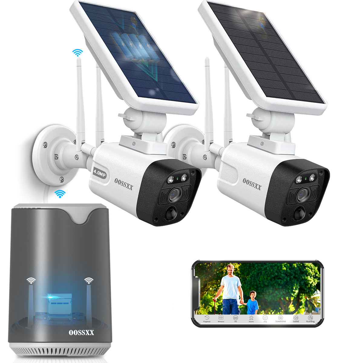 OOSSXX (100% Wire-Free Wireless Solar Cameras) 2-Way Audio 2-Antennas Enhance Battery Outdoor Wireless Security Camera System (Enjoy Off Instantly)