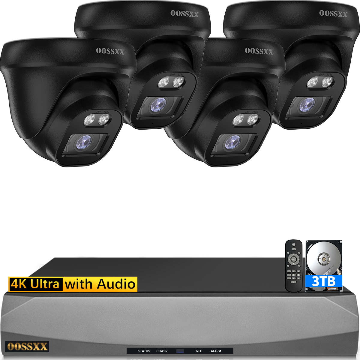 OOSSXX 4K PoE Security Camera System, 4 Wired Dome Cameras Outdoor Indoor, 130° Wide Angle, 8CH NVR with 3TB HDD, Built-in Mic, Free App Remote Access, No Monthly Fee