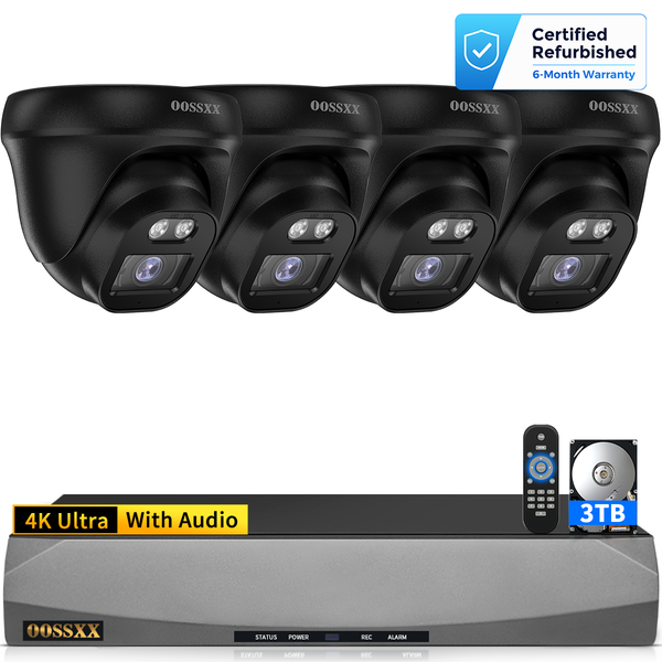 4K 4-Camera PoE Dome Security Camera System with 3TB Hard Drive, Wired Outdoor Surveillance IP Cameras System– Refurbished