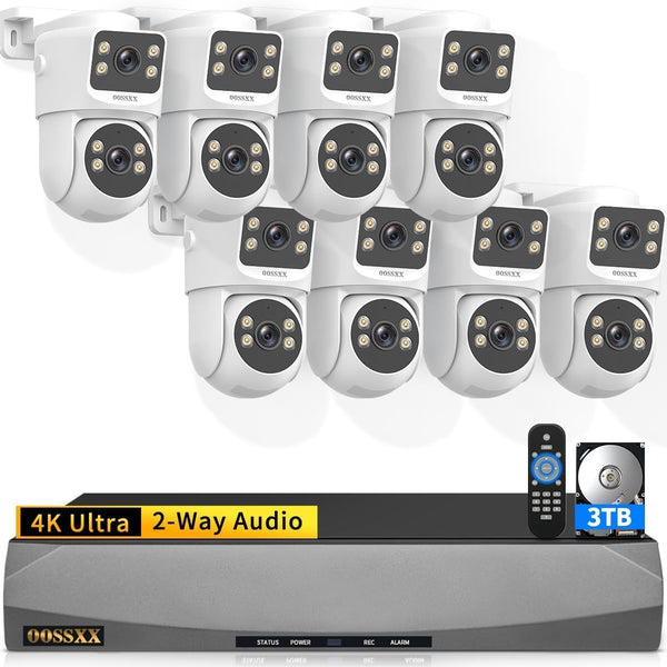 OOSSXX 4K Dual Lens PT PoE Security Camera System with Auto Tracking, Night Vision, 350° Pan 90° Tilt Outdoor Wired Surveillance Cameras System