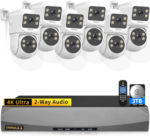 OOSSXX 4K Dual Lens PT PoE Security Camera System with Auto Tracking, 350° Pan Tilt Outdoor Wired Surveillance Cameras with Night Vision