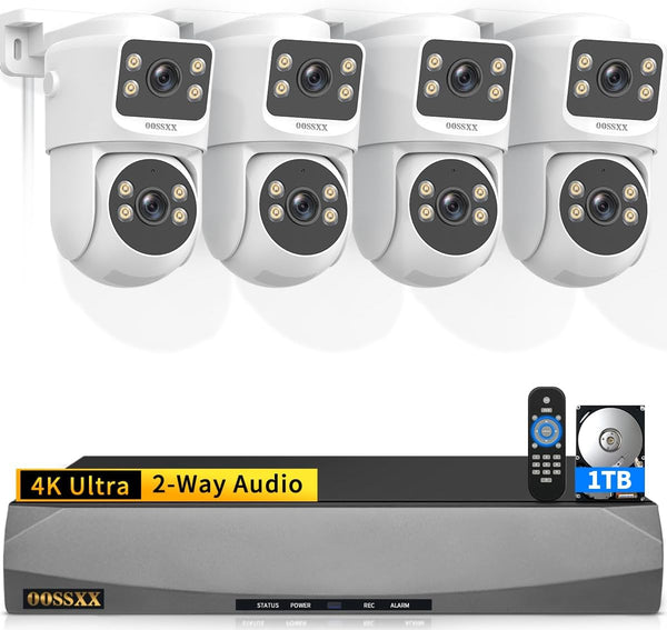 OOSSXX 4K Dual Lens PoE Security Camera System with Auto Tracking, 350° Pan Tilt Outdoor Wired Surveillance Cameras with Night Vision