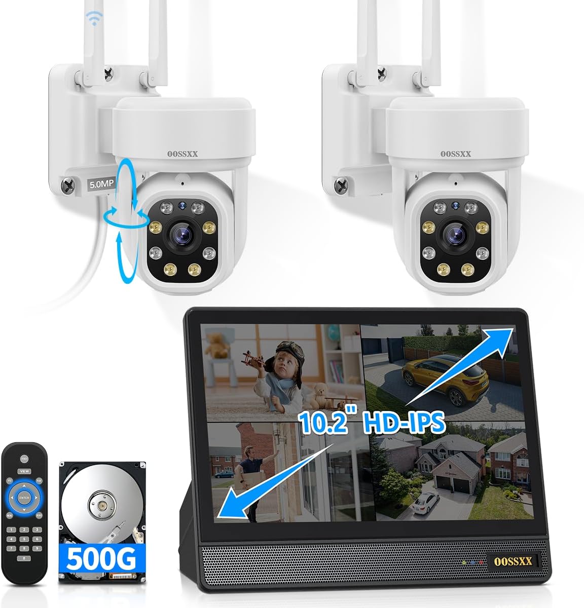 OOSSXX (10’’ UHD Monitor) 2-Way Audio 2-Antennas Enchance WiFi Wireless 5MP PIR Outdoor Camera Wireless Home Security Cameras System with Monitor Indoor Video Surveill