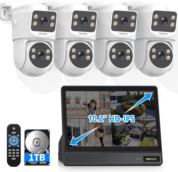 OOSSXX 4K Dual Lens PT PoE Security Camera System with Auto Tracking, 350° Pan Tilt Outdoor Wired Surveillance Cameras with Night Vision