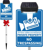 Laden Sie das Bild in den Galerie-Viewer, Solar No Trespassing Sign For Private Property, Video Surveillance Street Sign, Security Yard Signs metal, Aluminum Home Security Sign with Stakes, Camera, Beware, 10x7 Inch&quot;