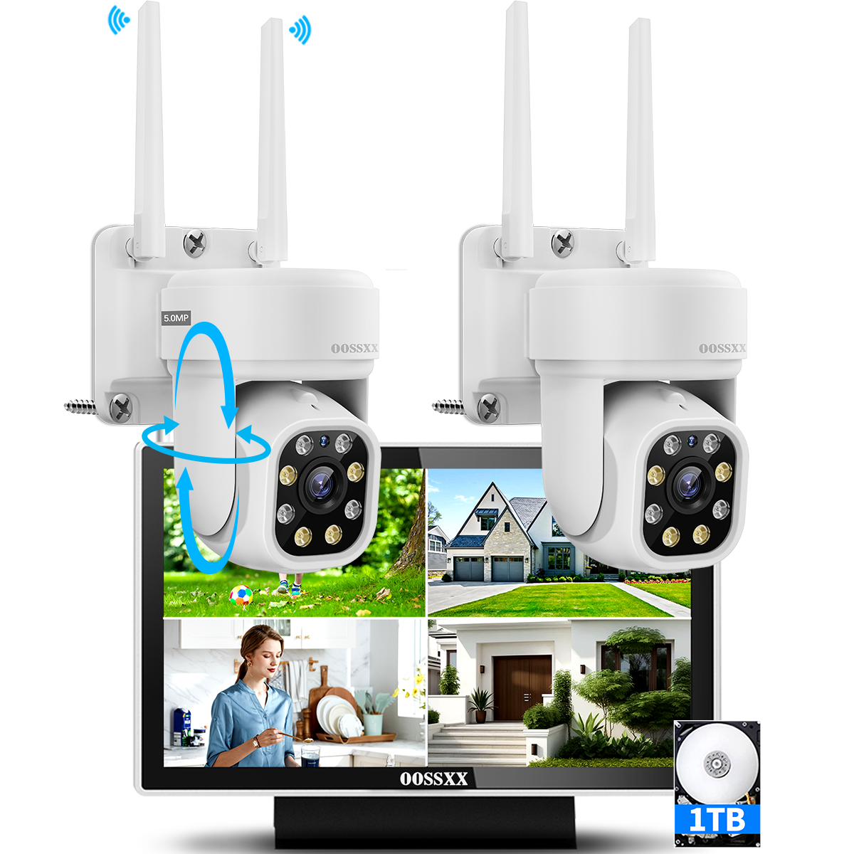 5.0MP Outdoor Wireless PTZ Security Camera System with 2 Way Audio and Monitor 10 Channel Wi Fi Security NVR System Pan and Tilt WiFi Security