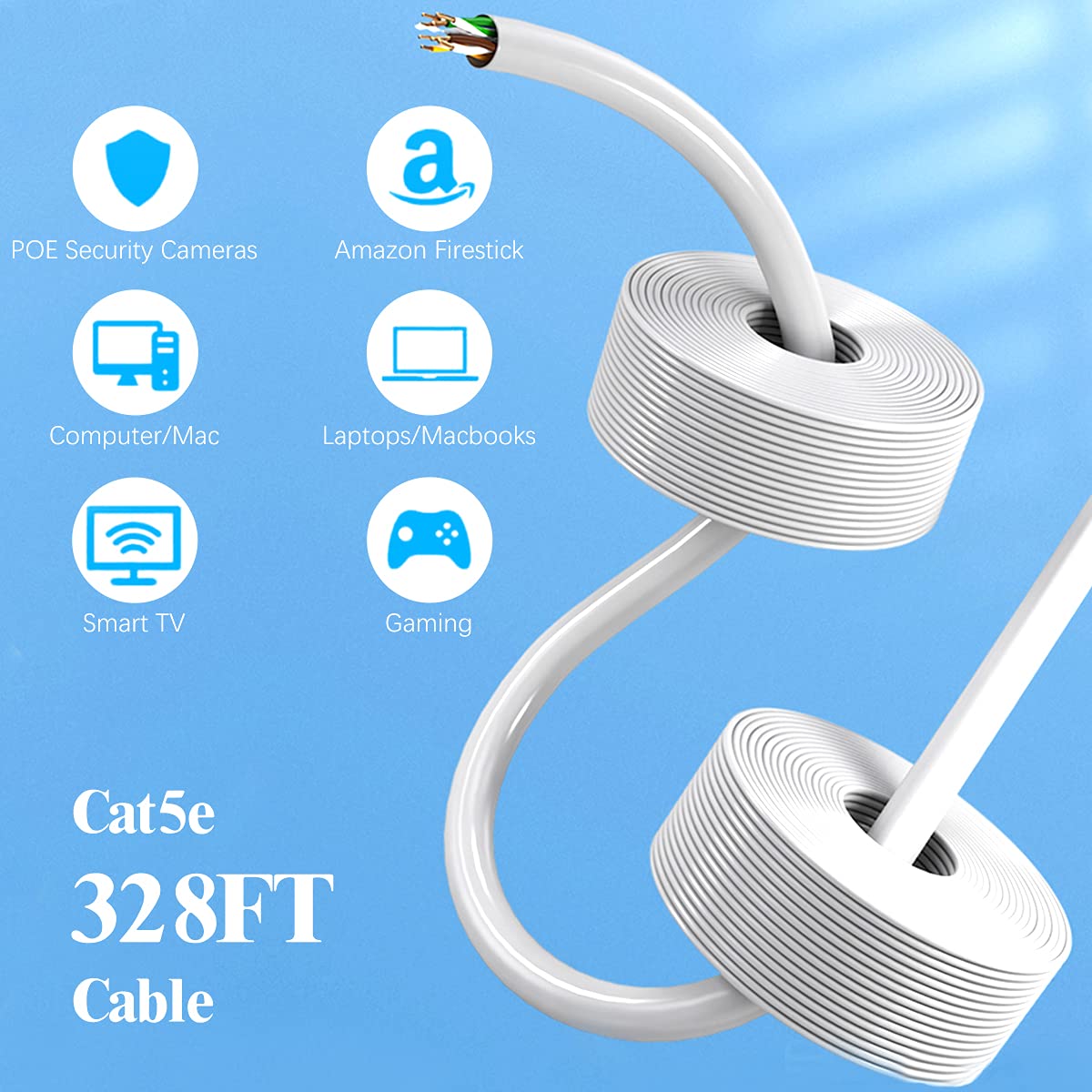 100 ft. High Speed Cat5e Ethernet Cable Network RJ45 Wire Cord for POE  Security Cameras, Router, Computer