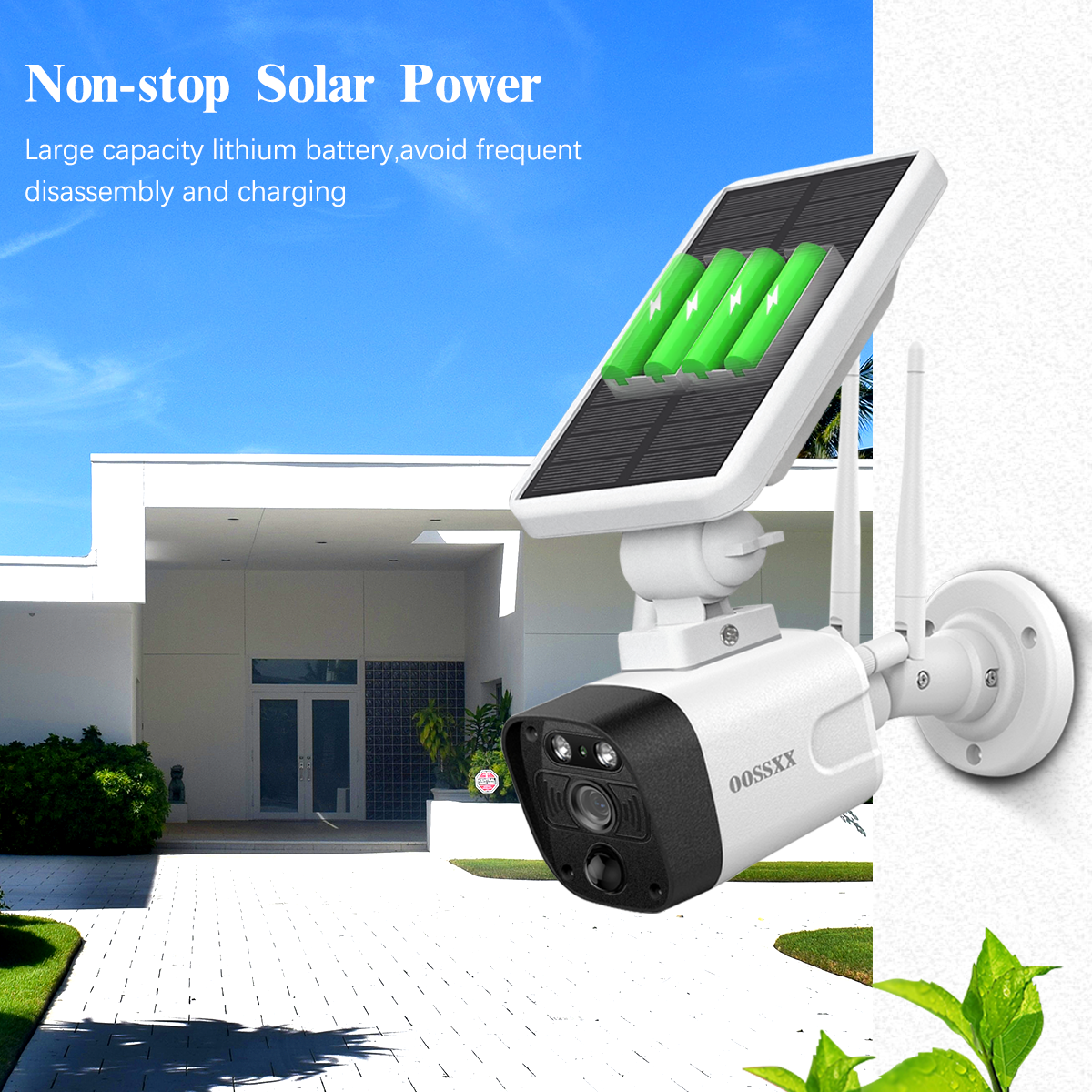 OOSSXX Solar Battery Security Camera Outdoor Wireless Solar Powered  Wireless Camera with Rechargeable Battery, WiFi Home Surveillance Camera  for